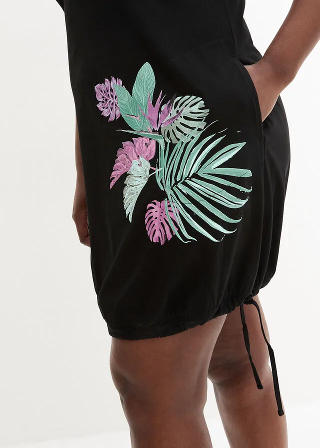 Vestido camisero de algodón, manga corta Negro