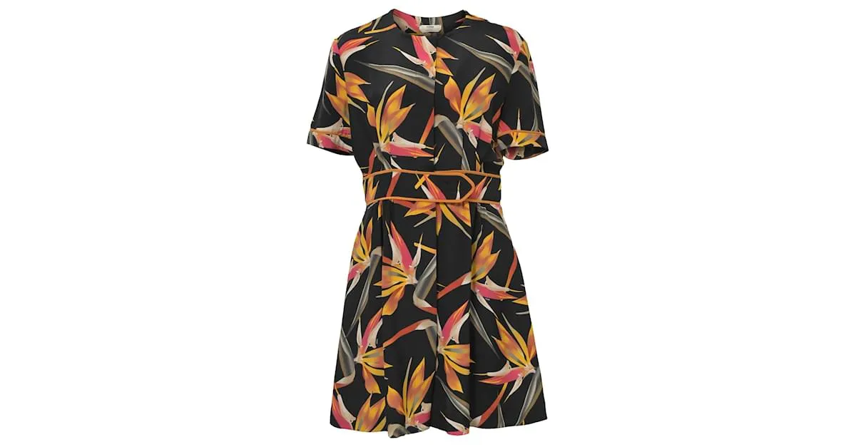 Vestido negro de seda con botones ocultos estampado con flores mini Fendi Multicolor 