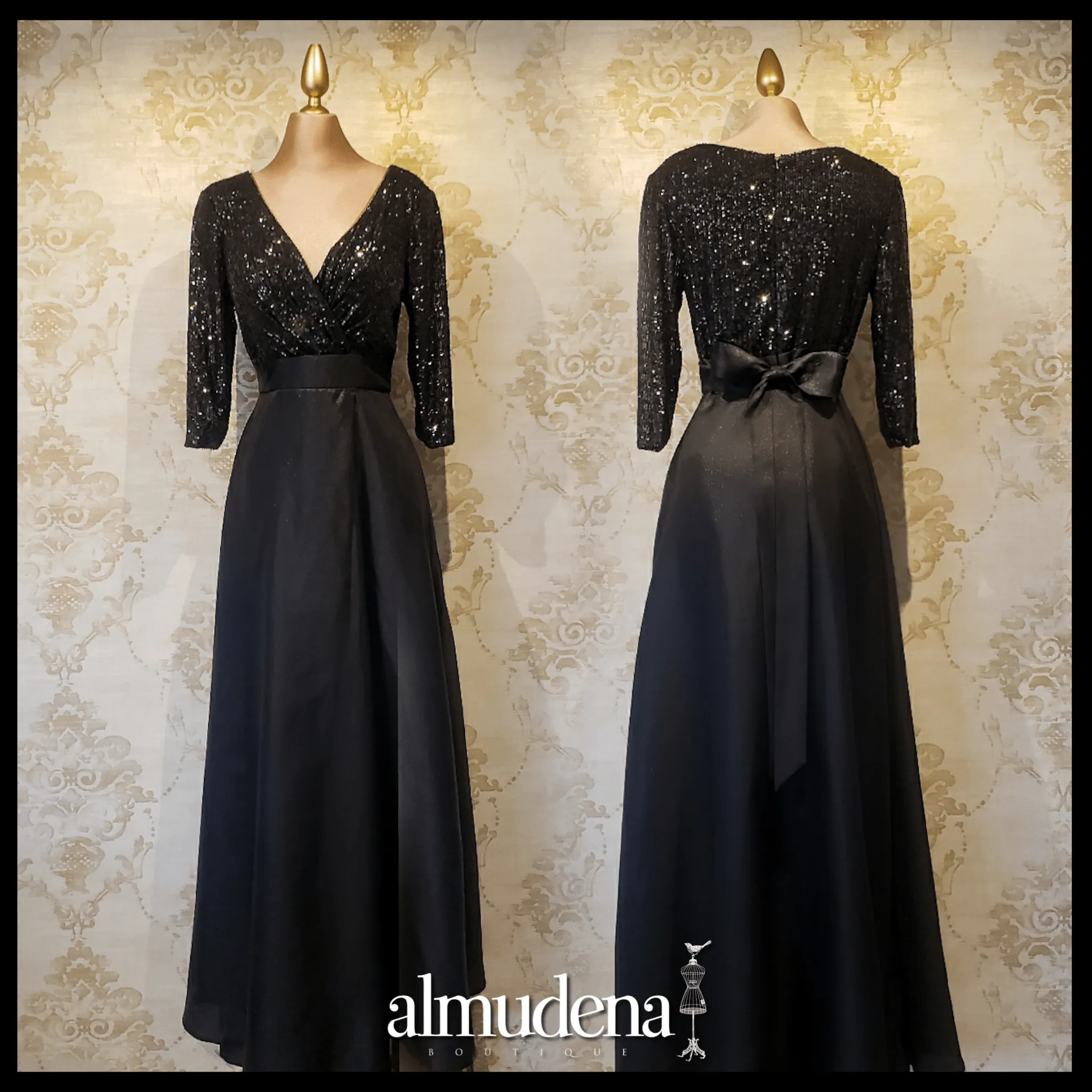 Vestido Negro Largo Brillante Con Manga