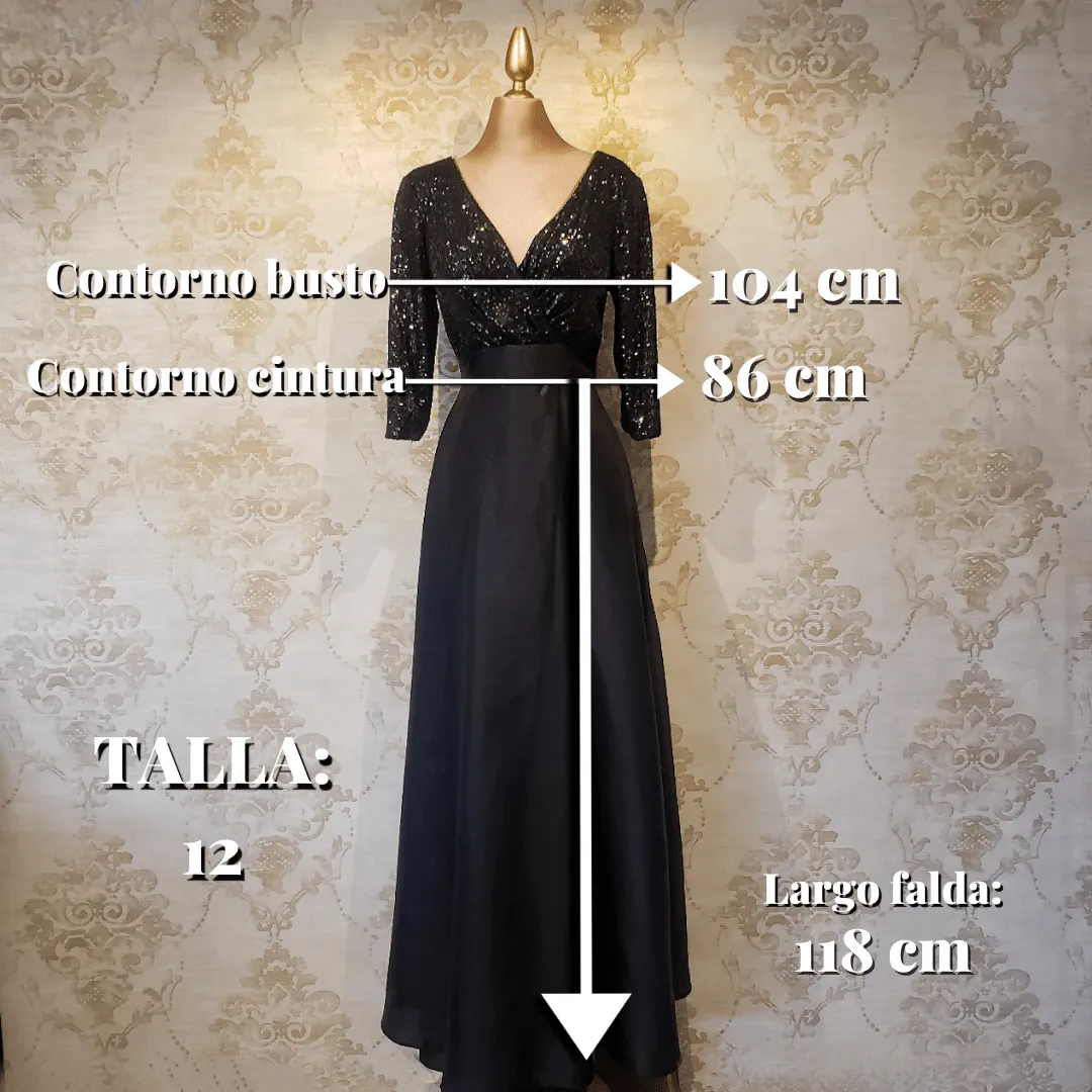 Vestido Negro Largo Brillante Con Manga