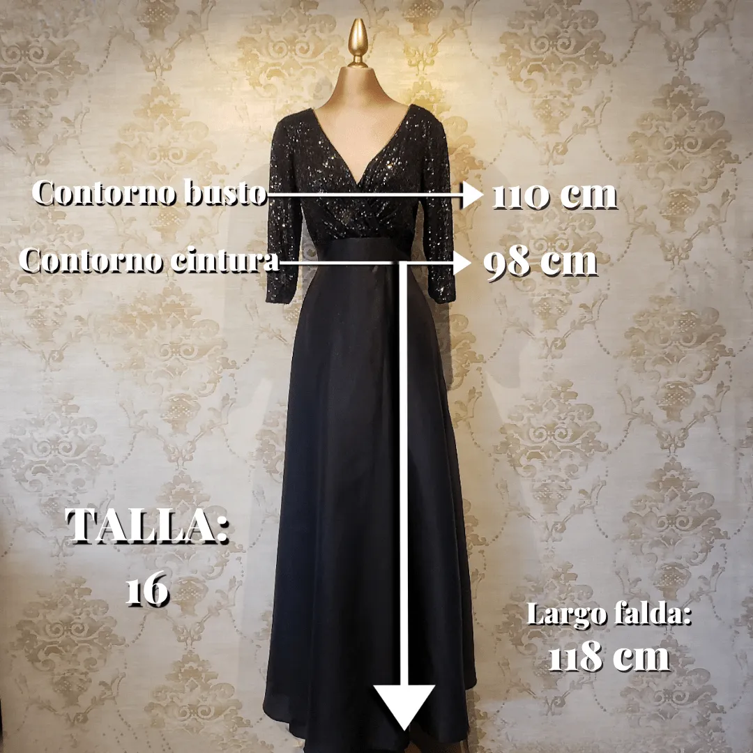 Vestido Negro Largo Brillante Con Manga